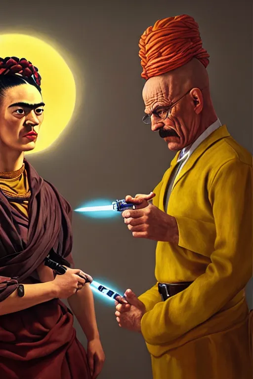 Prompt: photo of frida kahlo having a conversation with walter white! dream breathtaking detailed concept art painting of a jedi dilma rousseff holding a lightsaber, by hsiao - ron cheng, exquisite detail, extremely moody lighting, 8 k