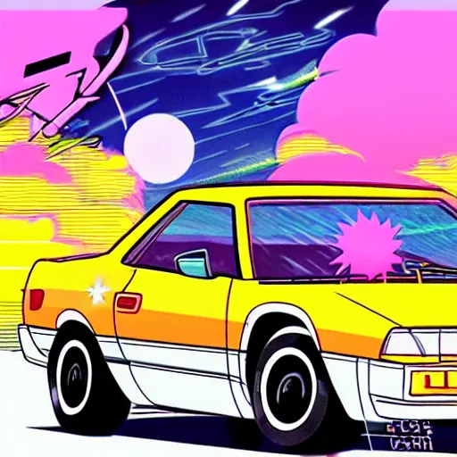 Prompt: girl driver her car in sunset, sprite, vaporwave nostalgia, directed by beat takeshi, visual novel cg, 8 0 s anime vibe, kimagure orange road, maison ikkoku, initial d, sketch by osamu tezuka, directed by hideki anno