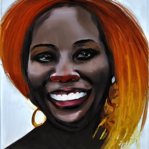 Image similar to portrait of a Black woman with blonde hair and smiling by Kevin Beilfuss.
