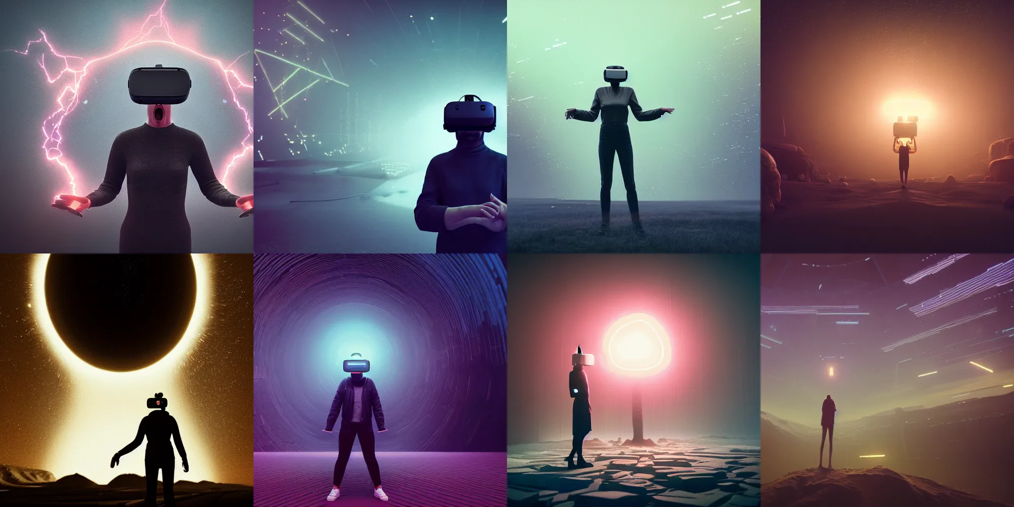 Image similar to beautiful dark landscape, person screaming wearing virtual reality, in the style of beeple and Mike Winkelmann, intricate, epic lighting, cinematic composition, hyper realistic, 8k resolution, unreal engine 5,