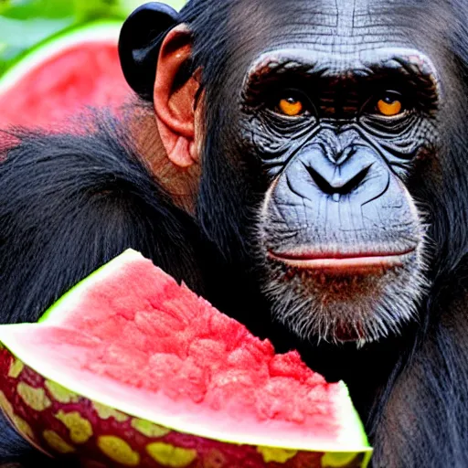 Prompt: Eyes in the size of a watermelon, in the face of a chimpanzee.