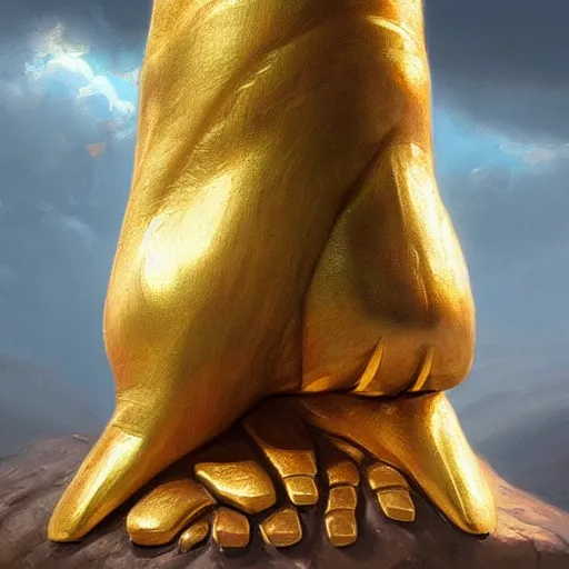 Image similar to primitive golden toe idol, d & d, fantasy, portrait, digital painting, trending on artstation, concept art, sharp focus, illustration, art by artgerm and greg rutkowski and magali villeneuve