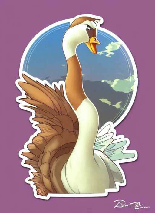 Image similar to cute goose sticker design, natural lighting, path traced, highly detailed, high quality, digital painting, by don bluth and ross tran and studio ghibli and alphonse mucha, artgerm