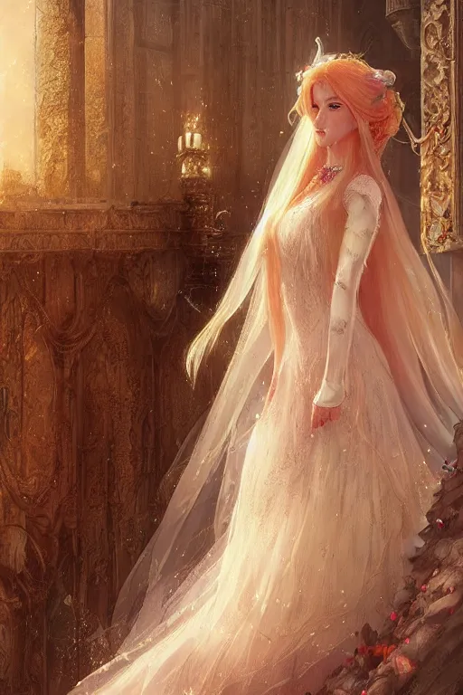 Prompt: Princess Peach in her wedding dress, extremely long hair, epic fantasy art by Greg Rutkowski