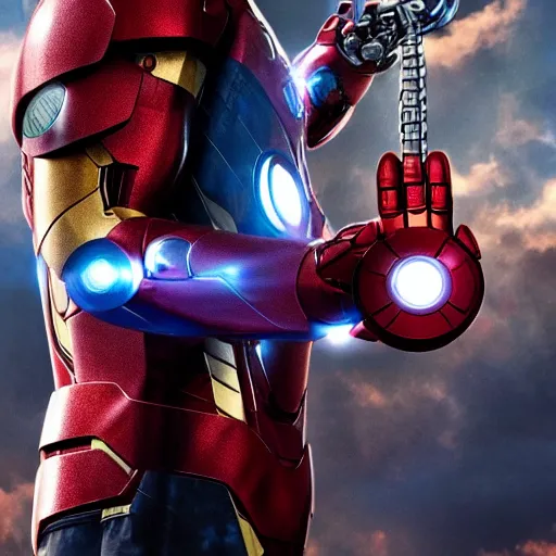 Prompt: iron man holding thors hammer