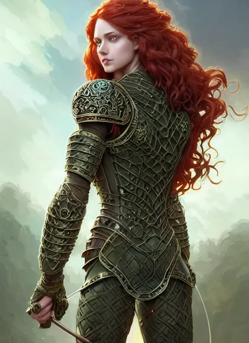 Image similar to ranger, light armor!!! long curly red hair!! covered chest!!! green eyes, fantasy, d & d, intricate ornate details, digital painting, pretty face!!, symmetry, concept art, sharp focus, illustration, art by artgerm! greg rutkowski magali villeneuve wlop! ilya kuvshinov!!, octane render