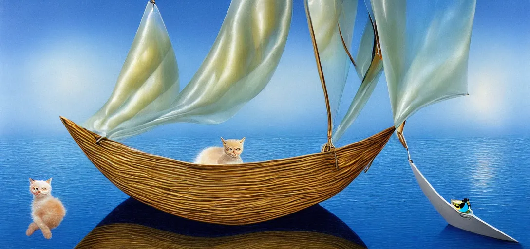 Prompt: a kitten in a sail boat made of fish skin, translucent and hyperrealistic and ultra - detailed in the style of roger dean, bloom, glow, reflection, refraction, matte, glossy, smooth, emissive material