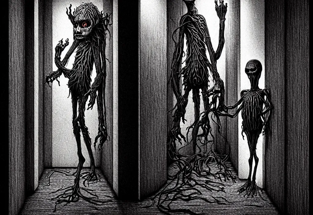 Prompt: hyperrealistic documentary footage of creepy monster entity creature designed by michael hutter, kentaro miura, junji ito, gantz, hideo kojima, standing at end of long toronto apartment hallway. scp historical archives. david lynchian atmosphere. deep aesthetics of weirdcore