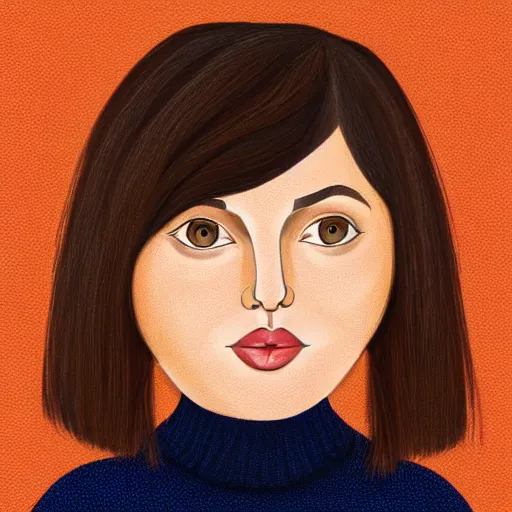 Image similar to chubby brunette woman with straight hair in a short bob, round face, romanian heritage, brown eyes, olive skin, bulbous nose, big chin, wide face, no bangs, digital art, cartoon, cute, 8k, illustration, trending on artstation, medium shot, head shot