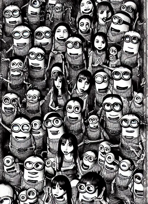 Image similar to portrait of minions, intricate, highly detailed, illustration, art by junji ito, junji ito