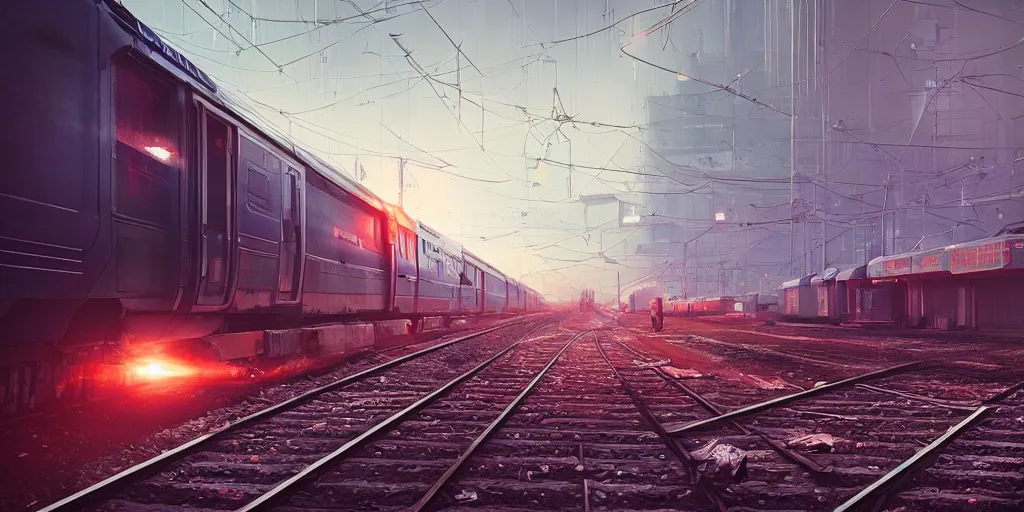 Image similar to a man standing in front of a train on a train track, cyberpunk art by mike winkelmann, trending on cgsociety, retrofuturism, reimagined by industrial light and magic, darksynth, sci - fi