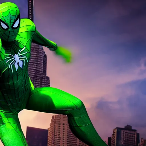 Prompt: green spider - man suit with black web lining, cinematic, volumetric lighting, realistic, hyperdetailed, photorealistic, photograph