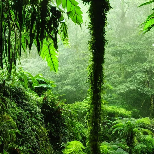 Prompt: a misty rainforest, vines hanging from trees with ferns in the foreground. a small waterfall