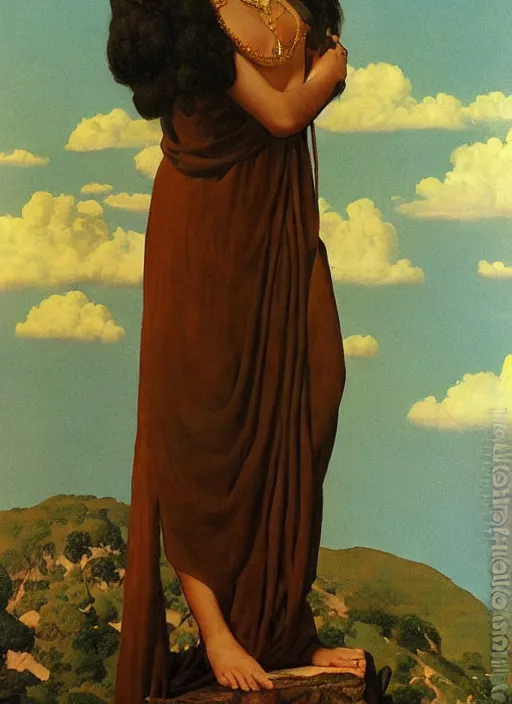 Prompt: an oil painting a queen with dark hair and white fair skin standing on a throne by maxfield parrish, highly detailed, realistic, realism, oil painting, 1 9 th