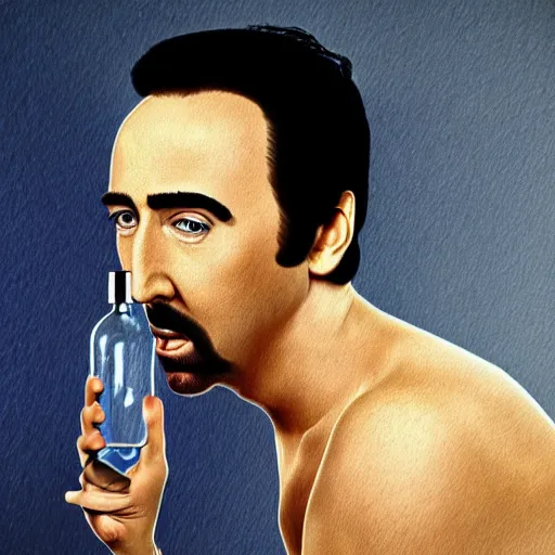 Prompt: Drinking from bottle liquid with face Nicolas Cage, Surrealism, Surreal drawing, Digital art, from artstation, art by Salvador Dali