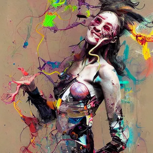 Image similar to grinning woman in a vr headset, dynamic energic pose, cyberpunk in the style of adrian ghenie, esao andrews, jenny saville, surrealism, dark art by james jean, takato yamamoto