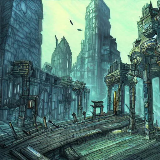 Image similar to planescape: torment art style city concept