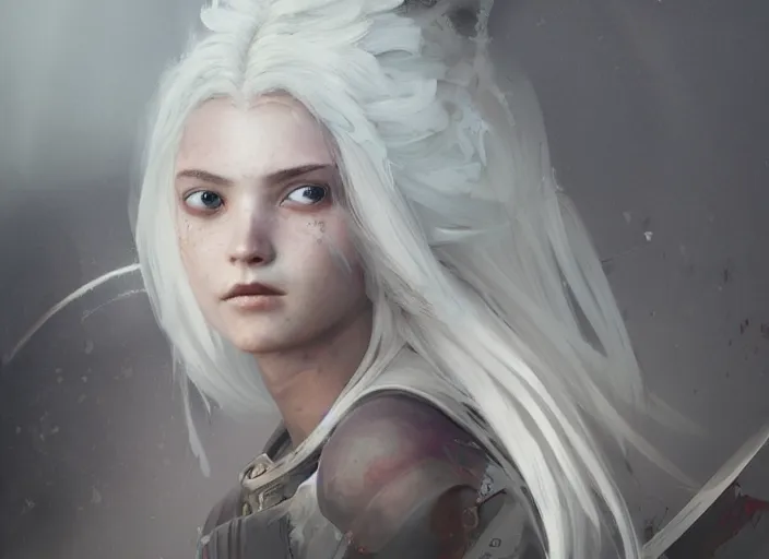 Prompt: digital painting of a beautiful girl warrior with white hair sitting next to a window by yoshitaka amano and greg rutkowski rendered in octane, expressive oil painting