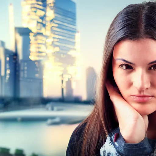 Prompt: close up on a woman\'s face with a log of cybernetic components. Futuristic city in the background. Very detailed. 55mm lens