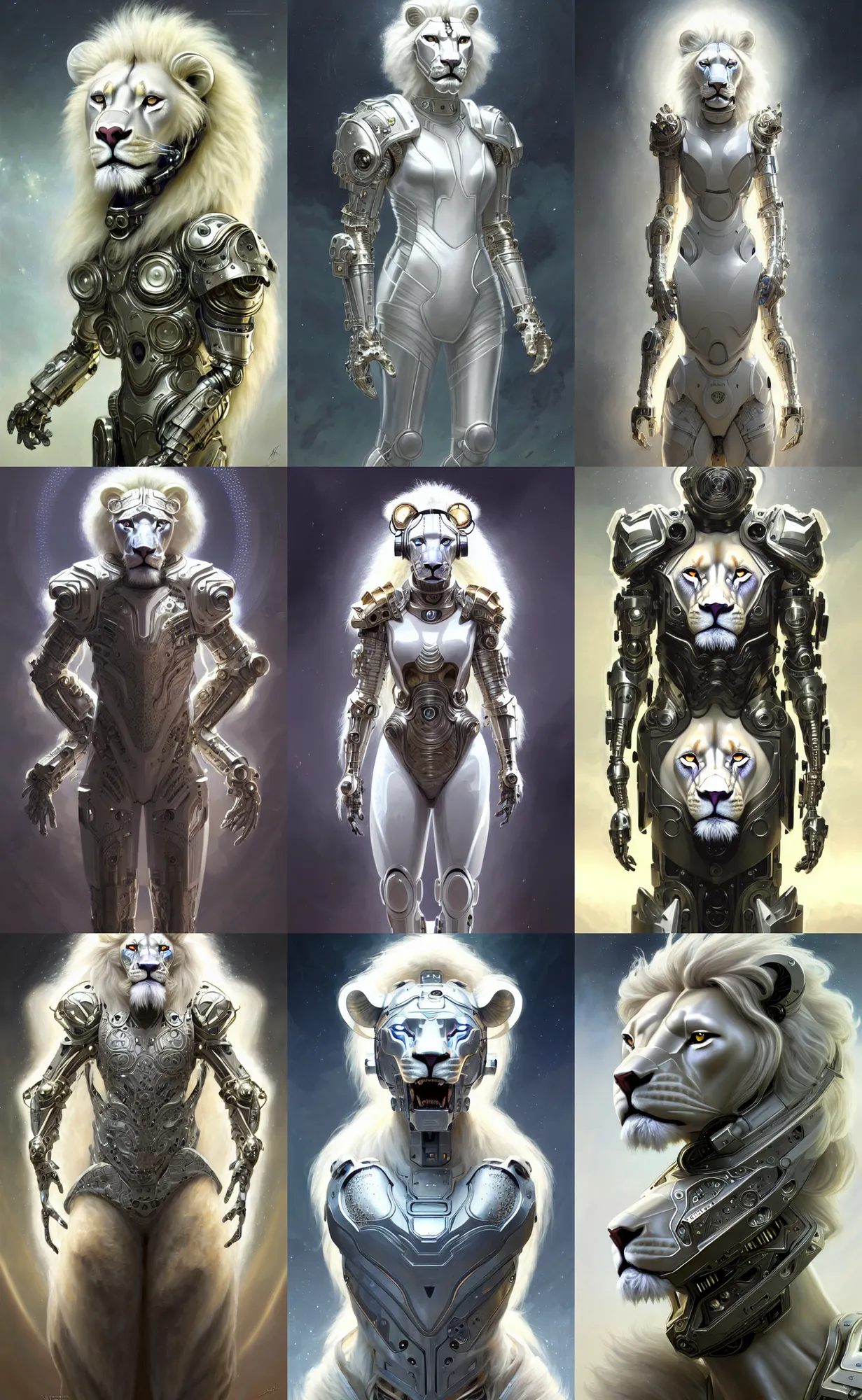 Prompt: a anthropomorphic cyber white lion wearing scifi armor, diffuse lighting, fantasy, intricate, elegant, highly detailed, lifelike, photorealistic, digital painting, artstation, illustration, concept art, smooth, sharp focus, art by john collier and albert aublet and krenz cushart and artem demura and alphonse mucha