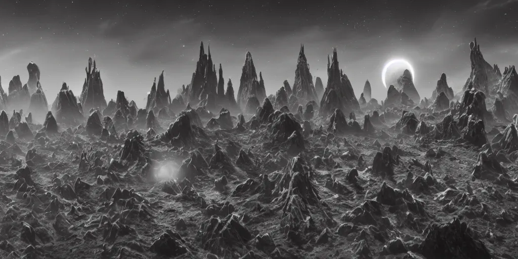 Image similar to a lost planet returning to life, shudders awake, spires shooting off in all directions,