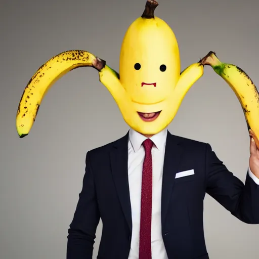 Image similar to a person with a banana head wearing a business suit