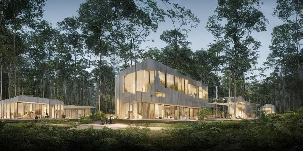 Prompt: 3d rendering of beautiful nature meets architecture concept of a residential house by Bjarke Ingels Group, in a tropical forest, volumetric lighting,, luxury, high detail, 14mm, cinematic photography, cg architects, high resolution