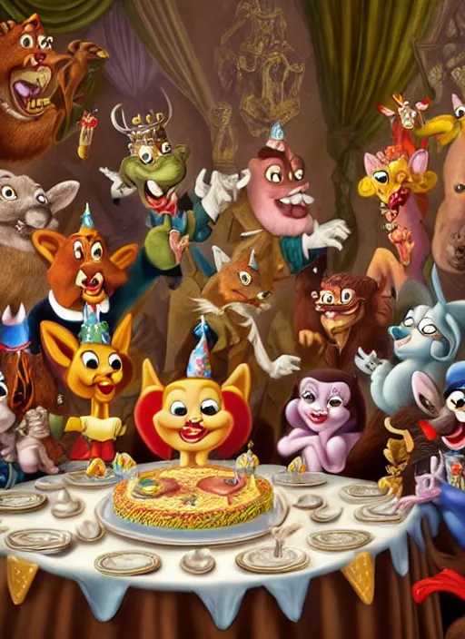 Prompt: highly detailed group closeup portrait of max fleischer cartoon animals having a birthday party banquet in a castle, unreal engine, max fleischer, nicoletta ceccoli, mark ryden, earl norem, lostfish, global illumination, god rays, detailed and intricate environment