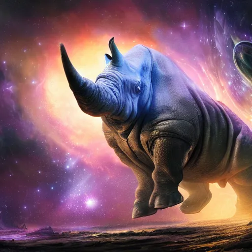 Prompt: a giant galactic rhino stampeding through a nebula by WLOP and tony sart, fantasy art, 4k, HDR, photorealistic, 8k, trending on artstation