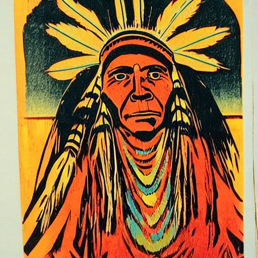 Image similar to colorfull woodcut, statue, character, by hopi indians