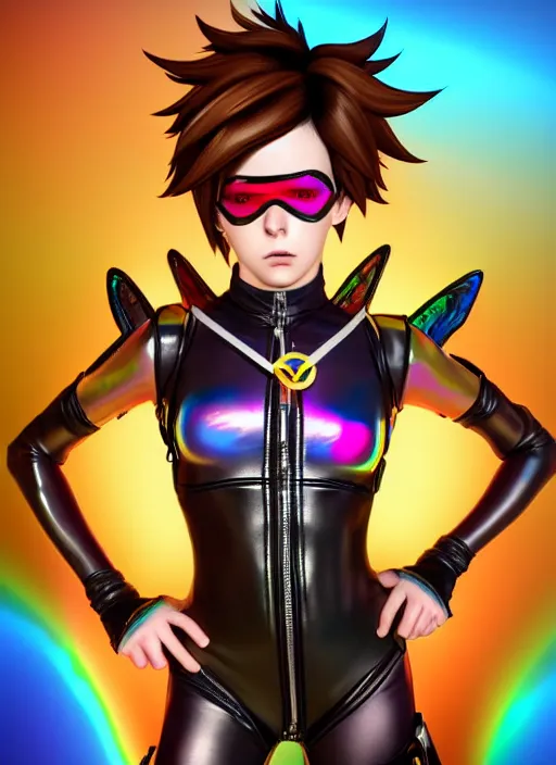 Image similar to portrait bust digital artwork of tracer overwatch, wearing iridescent rainbow latex and leather straps catsuit outfit, 4 k, expressive happy whistling face, makeup, in style of mark arian, angel wings, wearing detailed leather collar, chains, black leather harness, detailed face and eyes,