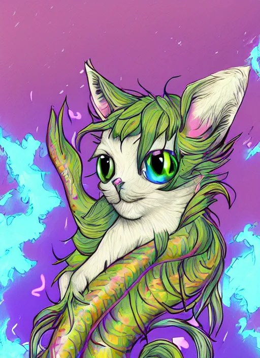 Prompt: cat seahorse fursona, autistic bisexual graphic designer and musician, long haired attractive androgynous fluffy humanoid character design, sharp focus, weirdcore voidpunk digital art, furaffinity, artstation hd, trending on deviantart