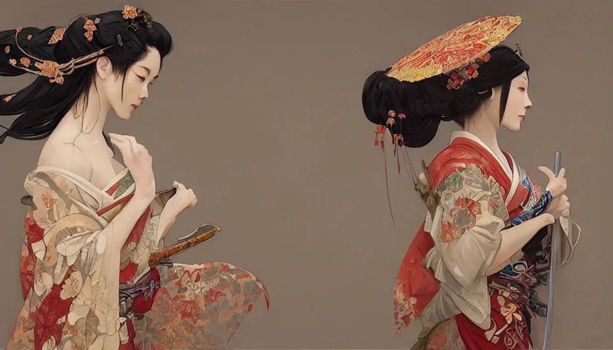 Image similar to a beautiful realistic painting of a geisha girl and a samurai warrior, intricate, elegant, highly detailed, digital painting, artstation, concept art, by krenz cushart and artem demura and alphonse mucha