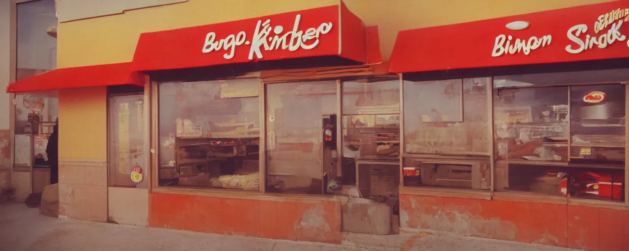 Image similar to spaghetti burger at a 1 9 9 0 s burger king ( restaurant chain ), canon 5 0 mm, kodachrome, in the style of wes anderson