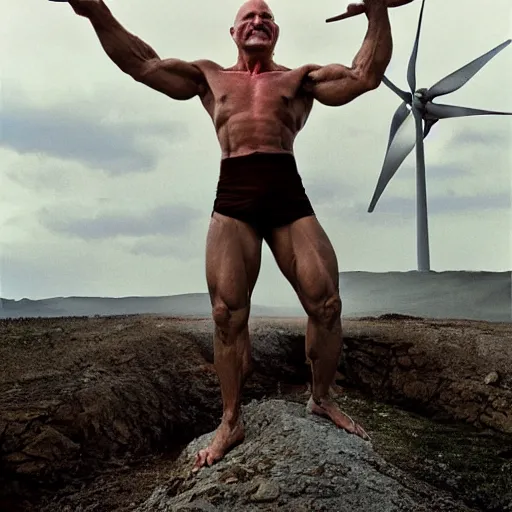 Image similar to a muscular bald man two turbines back, portrait photograph, nikon 3 5 mm, photograph by annie leibovitz and steve mccurry