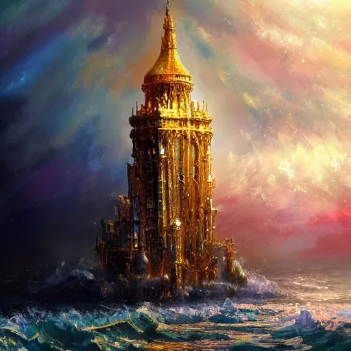 Prompt: a delicate ornate sparkling gold fantasy tower splashes upwards from a stormy ocean shimmering in the sunlight, dramatic lighting, rich colors, beautiful oil painting, artstation