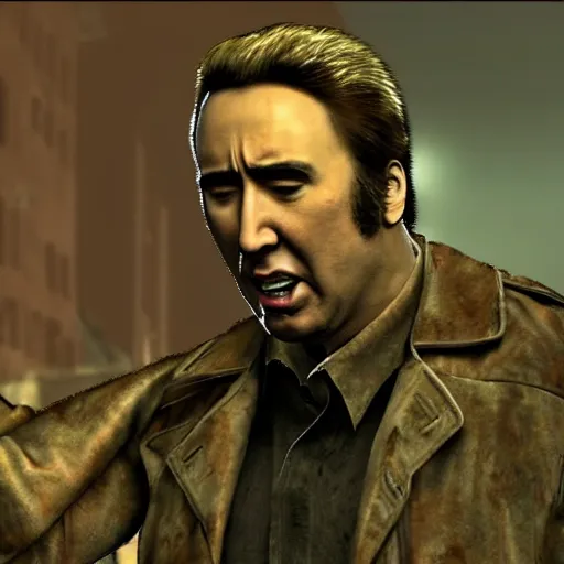 Image similar to angry nicolas cage attacking with a pipe in silent hill, ultra detailed, 8 k