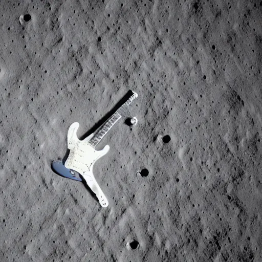 Image similar to photo of a stratocaster electric guitar standing idle on the moon landing. detailed. 8k