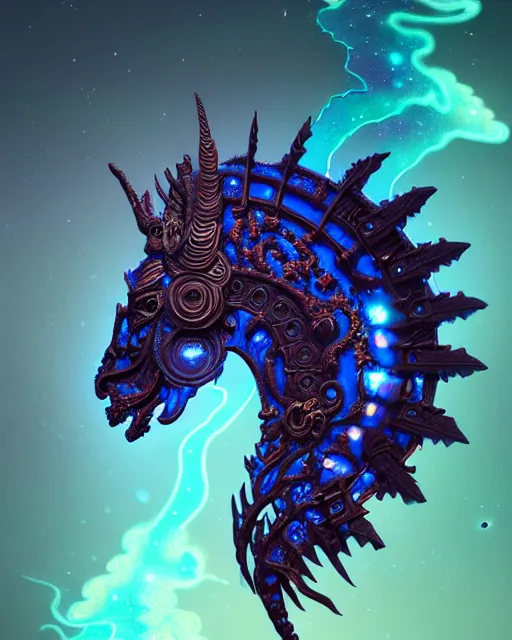 Image similar to 3 d ornate carved dark cosmic horse with profile portrait, sigma 5 0 0 mm f / 5. beautiful intricate highly detailed quetzalcoatl skull. bioluminescent, plasma, lava, ice, water, wind, creature, thunderstorm! artwork by tooth wu and wlop and beeple and greg rutkowski, 8 k trending on artstation