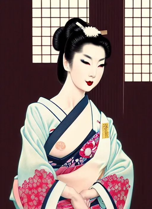 glamorous and sexy Geisha, beautiful pale makeup