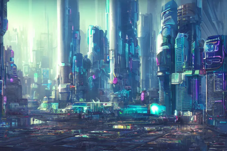 Image similar to optimistic bright utopian futuristic cyberpunk city, daytime, extremely realistic, extremely detailed