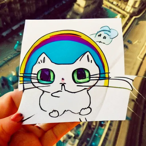 Image similar to a tiny round cat with rainbow fur and multicolored eyes underneath the Eiffel tower in paris in the style of studio ghibli, chibi, cute, adorable