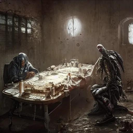 Prompt: two men eating dinner in an old kitchen while an alien autopsy is happening by hr giger, greg rutkowski, luis royo and wayne barlowe as a diablo, resident evil, dark souls, bloodborne monster : : hyper realistic, ultrarealistic, realism, photoreal, 8 k : :
