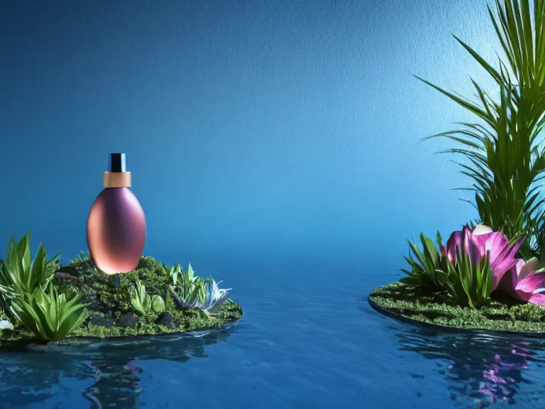 Image similar to perfume bottle standing in a desert oasis in deep blue pond water surrounded by tropical flowers by zaha hadid ; octane highly render, 4 k, ultra hd, 2 0 0 mm, mute dramatic colours, soft blur outdoor stormy sea background, illuminated lighting