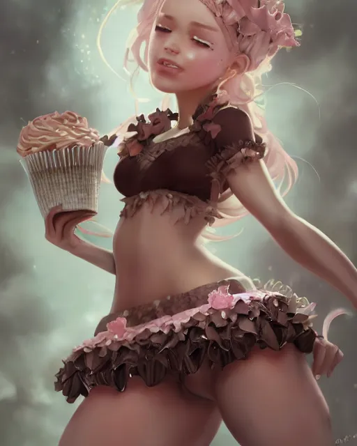 Prompt: a ( girl as personification of chocolate cupcake ), beauty photoshoot, fantasy bakery, digital art by krenz cushart, laurie greasly, wlop, artgerm, intricate, ( highly detailed figure ), sharp focus, smooth, epic composition, joyful, unreal engine