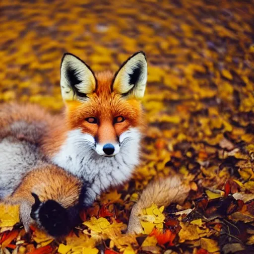 Prompt: a stunning close-up photo of a cute fox curled up on the forest floor lying on autumn leaves in a fall forest