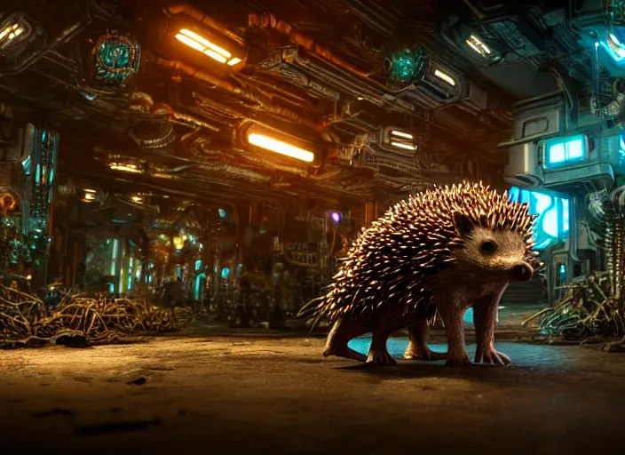 Image similar to intricate terminator hedgehog, on the background of a weird magical mechanical forest. Very detailed 8k. Fantasy cyberpunk horror. Sharp. Cinematic post-processing. Unreal engine. Nanite. Ray tracing. Parallax. Tessellation