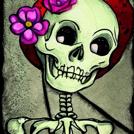 Image similar to Skeleton tinker bell, horror, skull, flowers, scary, Drawn by Pixar