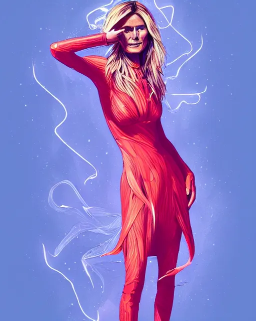 Prompt: heidi klum wearing fashionable halftone dress, volumetric lighting, conrad roset, jesper ejsing, artgerm, artstation, halo of light