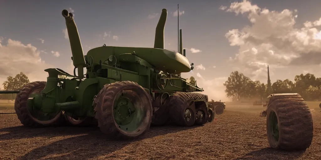 Image similar to a cute little tractor pulling a huge military tank, highly detailed, photorealistic portrait, bright studio setting, studio lighting, crisp quality and light reflections, unreal engine 5 quality render